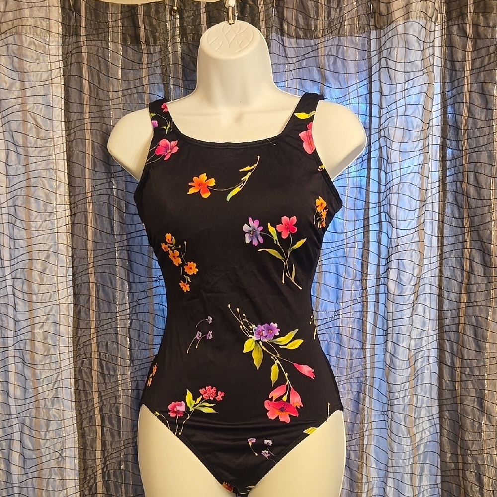 Lands End Floral Black One-Piece Swimsuit